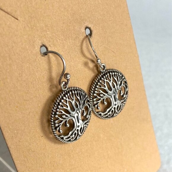 Sterling Silver 925 1.19" Round Openwork Filigree Tree Of Life Dangle Earrings - Picture 4 of 16